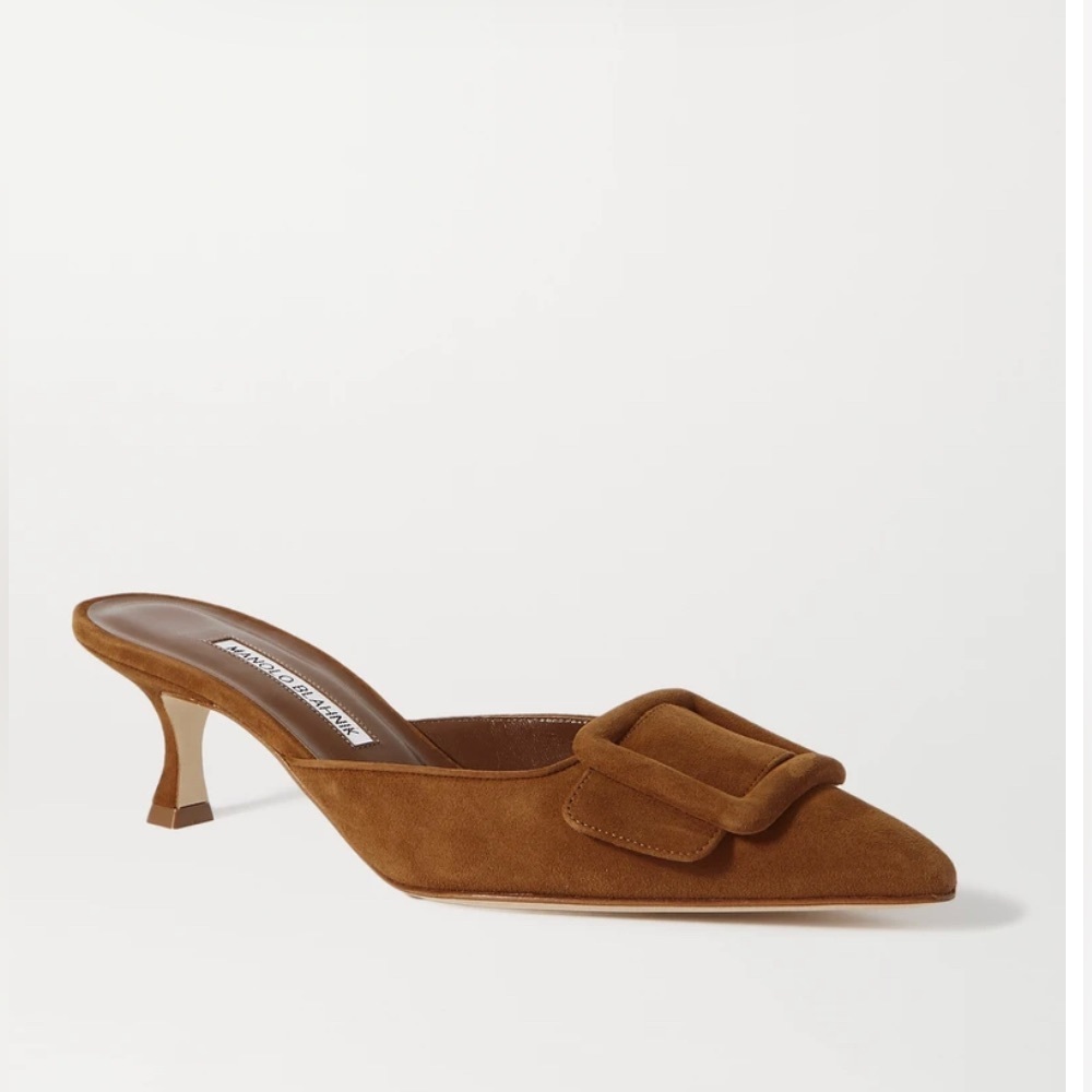 Manolo Blahnik Maysale 50 buckled suede mules 38.5